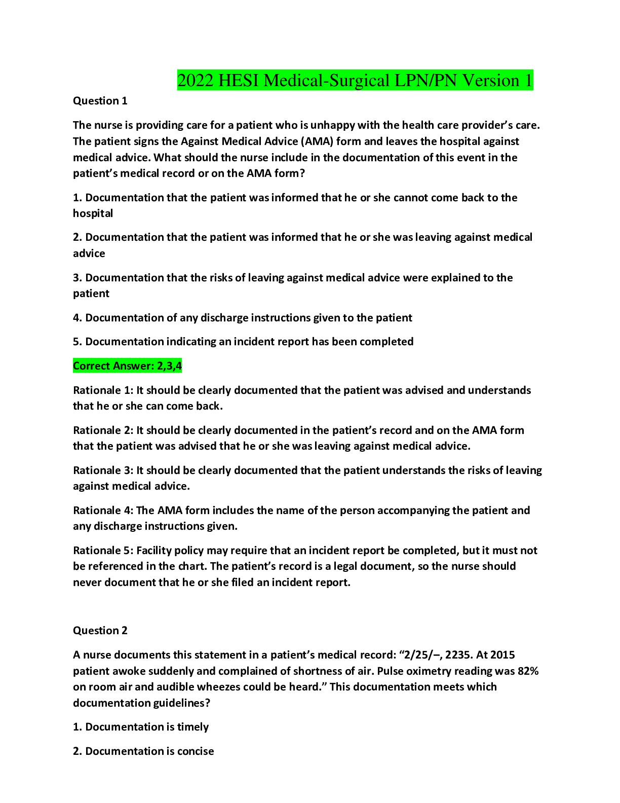 Preview image for 2022 HESI Medical-Surgical LPN/PN Version 1(100 Questions and Answers) A+ Guaranteed